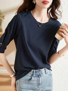 Button Design Casual Mid-Sleeve Top, New Fashion Versatile Round Neck 3/4 Sleeve T-Shirt For Women, Slimming - Navy Blue - View 3