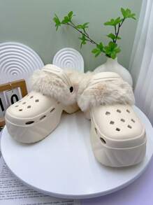 Solid Color Warm Indoor Slippers, Fluffy Warm Lining Thick Non-Slip Sole, Comfortable Plush Shoes For Winter, High Heel Sandals - Khaki - View 6