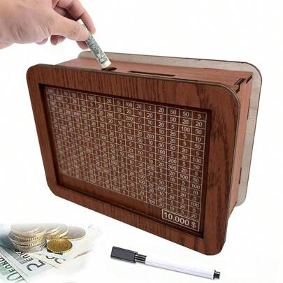 1pc Wooden Piggy Bank With Budget Number Display, Decorative Saving Box, Useful Home Finance Planner