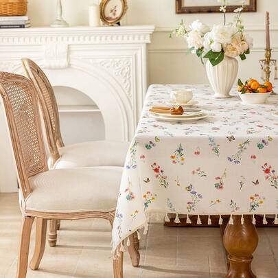 1pc Colorful Floral Butterfly Tassel Tablecloth, Rectangular Tablecloth, Dining Table Cloth, Farmhouse Style Home Decor Tablecloth, Washable, Suitable For Home Kitchen, Dining Room, Party, Picnic, Date, Wedding, Theme Party, Indoor & Outdoor Use
