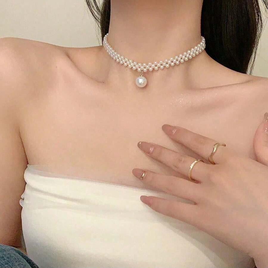 1 件新款仿珍珠项链，奢华小众设计高端颈链，时尚短锁骨链 - 白色 - 查看 1