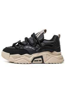 Comfortable Minimalist Stylish Outdoor Walking Casual Shoes, Urban Tie Commuting Fitness Travel Chunky Sneakers, Round Toe Low Top Color Block Versatile Add Height Sports Shoes,Large Size
