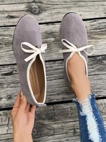 Women's New Sweet Style Round Toe Flat Shoes With Bow, Elegant Comfort Slip-On Shoes, Suitable For Autumn/Winter - Grey - View 5
