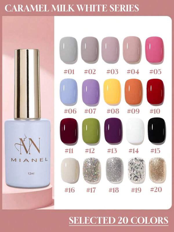 MIANEL Esmalte de uñas en gel de 12ML con 20 colores de verano, los talla grande vendidos en 2025 en colores negro, blanco, azul, rosa, transparente, nude, luz terapéutica, hielo, verde, blanco, negro, azul. Nuevos estilos de esmaltes de uñas con brillos, caramelo, lácteos y terapia de fotopolimerización. Kits de manicura especiales para salones de uñas y uso DIY.