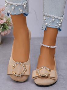Plus Size Women's Fashionable Cute Mary Janes Flats, New Spring Casual Round Toe Metallic Flower Decor Slip On Comfortable Versatile Work/Driving Shoes
