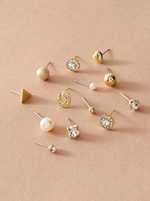 12 对几何多色水钻和珍珠三角形耳钉套装 - 金黃色 - 查看 3