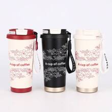 Taza de café altamente decorativa con Camellia , termo de acero inoxidable aislado con gran capacidad, simple y doble pajilla para beber, doble capa de aislamiento y refrigeración, diseño elegante, taza portátil para uso en el automóvil tanto para hombres como para mujeres,adecuada para llevar sobre la marcha - Negro - Ver 6
