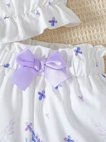 Young Girl Two Pieces Suspender Shorts Bow Purple Flower Print Fresh Suit - Purple - View 6