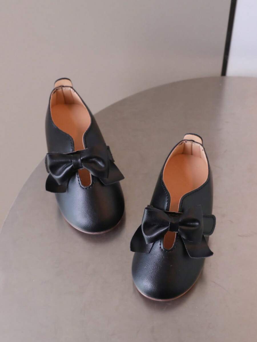 1 Pair Girls Cute Bow Decor Hook And Loop Comfortable Flat Shoes, Suitable For All Seasons - Black - View 1