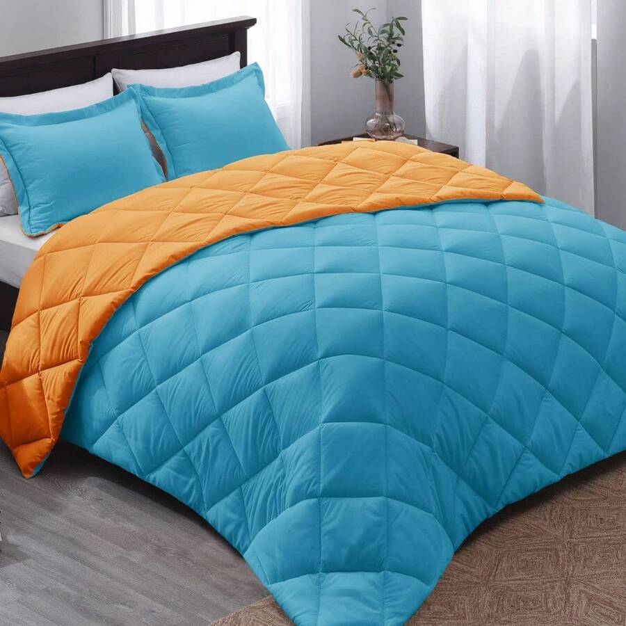 Queen Comforter Set, Red And Black Comforter Set Queen Size, Reversible Bed Comforter Queen Bed Set For All Seasons, 1 Comforter (88"X92") And 2 Pillow Shams (20"X26"+2") - 17 - Peacock Blue/Orange - View 1