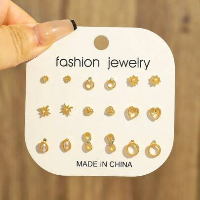 9 peças/conjunto de brincos geométricos em forma de coração e flor, conjunto de brincos elegantes e modernos, estilo europeu e americano