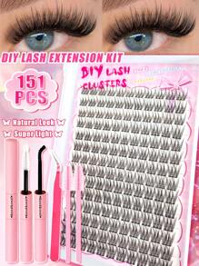 151 件自然 D 卷单根睫毛簇，自然宽茎、持久、超轻、超柔软，可重复使用单根睫毛延长套装，带化妆工具、粘合和密封、镊子和 2 把刷子，适合初学者居家使用、日常生活、派对和新年礼物，睫毛簇套装、睫毛、假睫毛 - 黑色 - 查看 8