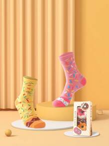 2 Pairs Unisex Mid-Calf Socks With Cute Donut Print Pattern, Creative Unique Gifts Suitable For Valentine's Day, Easter, Mother's Day, Cozy And Breathable, Perfect For Holidays, Parties, Birthdays, Couples, Vibrant And Fun Socks