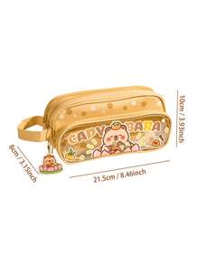 1 Large-Capacity Pencil Case, Cute Cartoon, Three-Layer Canvas Stationery Box For Students, High Appearance Level, Dirt-Resistant Pencil Case, Transparent Visible Hand-Held Stationery Bag, Washable Storage Bag,Pencil Pouch,School Bag, School Supplies,Back To School