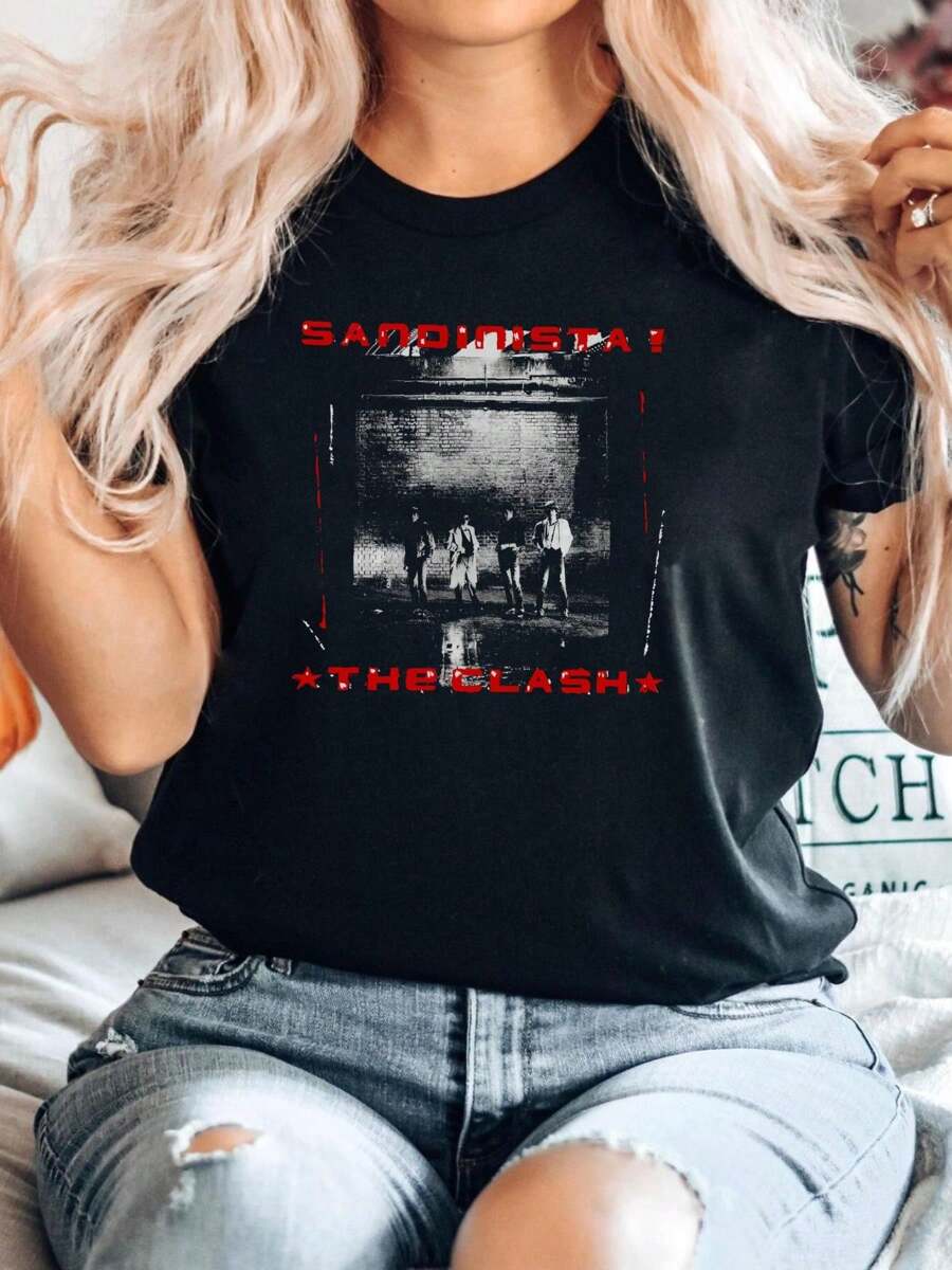 Camiseta 100% algodón Sandinista! de The Clash, The Magnificent Seven, Hitsville UK, Junco Partner, Streetwear gráfica, suave y transpirable para uso diario, estampado, cuello redondo, manga corta, ropa de diseñador versátil y elástica, moda casual de verano cómoda para hombre y mujer - Negro - Ver 1