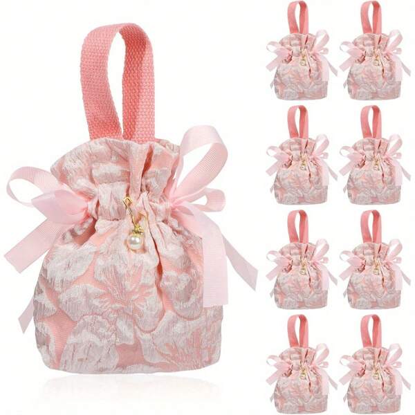 8 stuks kleine bloemencadeauzakjes, handige tas, roze cadeauzakjes, theezakjes met handvat, mini-cadeauzakjes met trekkoord voor bruidsdouches, verjaardagen, bruiloften en Moederdag