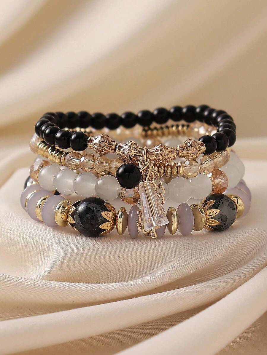 4pcs Crystal Glass Bohemian Style Beaded Bracelet Set - Black - View 1