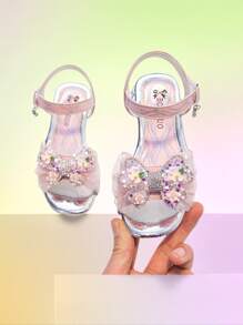1 Pair Children Bow Rhinestone Decor Glittery High Heel Sandals - Pink - View 2