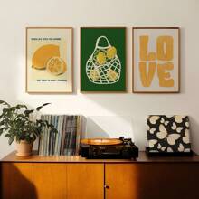 3pcs Minimalist Lemon Wall Art Set - Vintage Yellow-Green, Frameless Canvas Paintings, Suitable For Living Room, Kitchen, Dining Room Decor, Birthday & Graduation Gift
