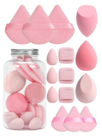 15个化妆海绵套装，含收纳盒，包括3个普通化妆海绵、3个迷你化妆海绵、3个粉扑、3个迷你粉扑和3个迷你指套粉扑。适用于化妆、家居装饰、梳妆台、旅行、卧室等场合。产品包含粉扑、美妆蛋、粉扑、化妆海绵等，价格实惠，适合作为圣诞礼物、化妆品、化妆工具等。此外，它也是送礼佳品，适合送给女性，是圣诞礼物的理想选择。此外，它也是旅行必备品。