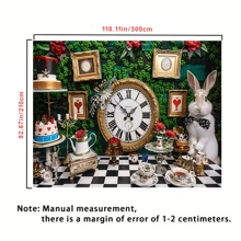 1件装魔法茶会摄影背景布 - 优雅的格子图案和兔子设计，涤纶材质，适用于生日蛋糕桌、庆祝活动、仙境主题、派对摄影背景 - 彩色 - 查看 10