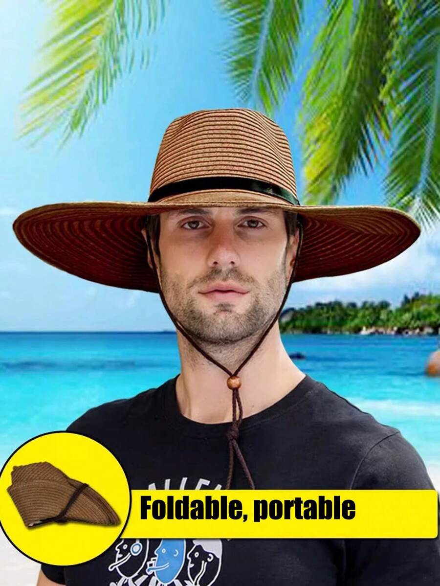 1pc Men's Summer Solid Color Leather Belt Decor Straw Woven Foldable Sun Protection Hat, Fashion Large Brim Brim Panama Hat Suitable For Daily Outdoor Use
