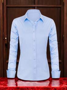 Women's Long Sleeve Shirt, Sky Blue, Secretary's Shirt - Màu xanh lam - Xem 2