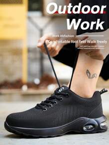 Letnie buty z poduszką powietrzną, wygodne, oddychające trampki robocze dla mężczyzn i kobiet, buty z metalowymi noskami, buty ochronne z zabezpieczeniem przed przebiciem i rozbiciem, unisexowe buty robocze - Czarne - Zobacz 7