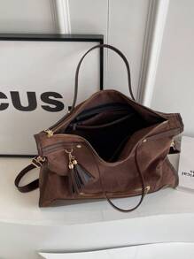 Minimalist Women Bicolor Tassel Zipper Decor Tote Bag - Coffee Brown - View 6