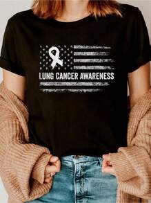 Lung Cancer Awareness Men Women White Flag Lung Cancer T-Shirt Printed T-Shirt - Soft, Breathable, Comfy 100% Cotton T-Shirt Crew Neck Tops - Ideal For Outdoor Activities, Casual Daily Wear, And Relaxation