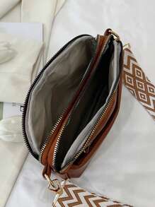 迷你简约纯素斜挎包，时尚PU单肩包，女士休闲手提包兼钱包，宽肩带女士钱包 - 棕色 - 查看 9