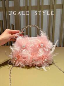 Bolsa transversal Pleated Cloud para mulheres, Clutches de Festa, Bolsas de Seda Pregueada com Flores, Bolsas de Noiva e Casamento, Bolsa de Festa e Formatura, Bolsa Brilhante com Glitter e Strass - Rosa chiclete - Visão 2