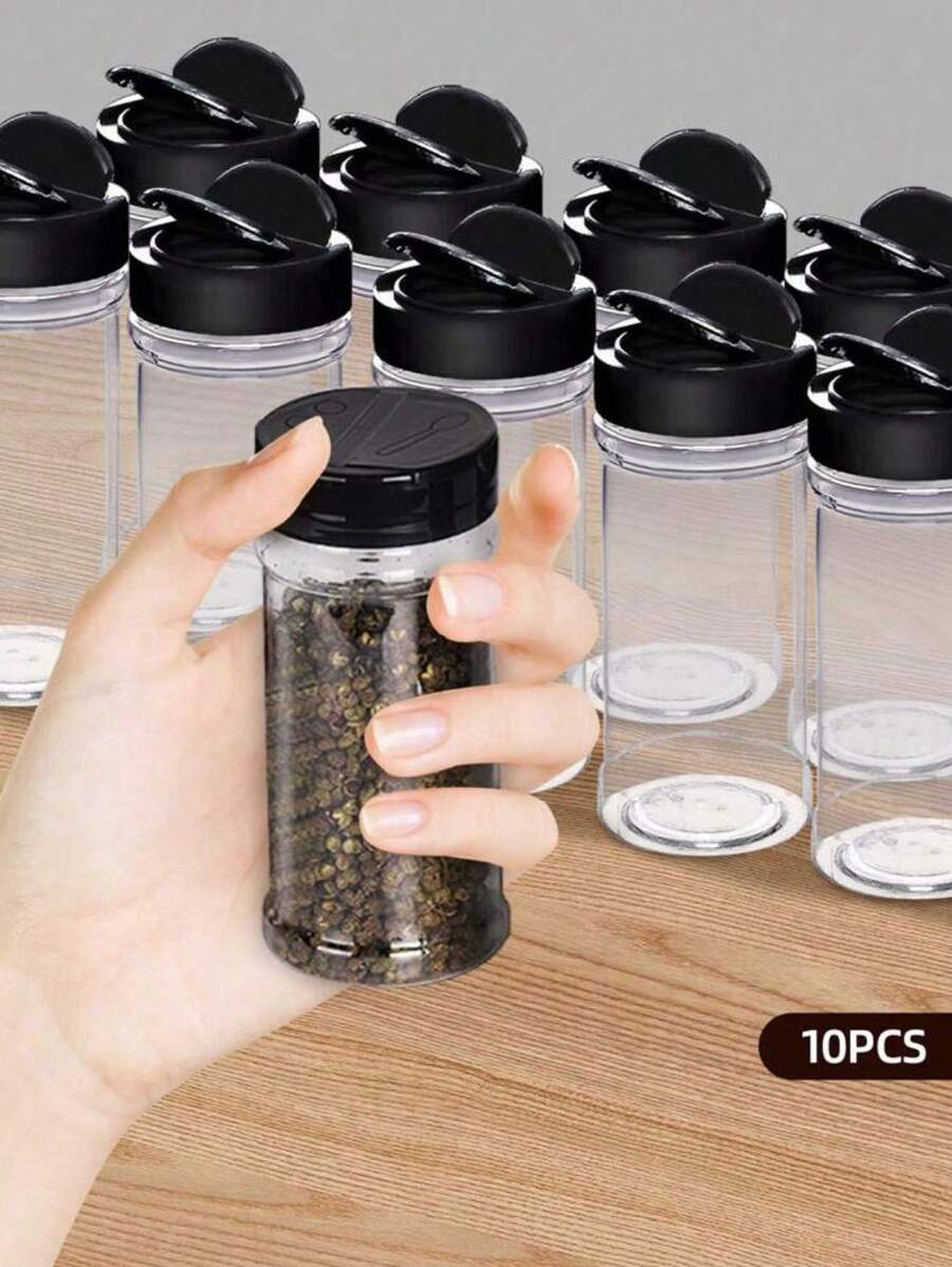 1/6/10 botellas de plástico transparente para condimentos, subenvases de polvo de comino para cocina casera - Negro - Ver 1