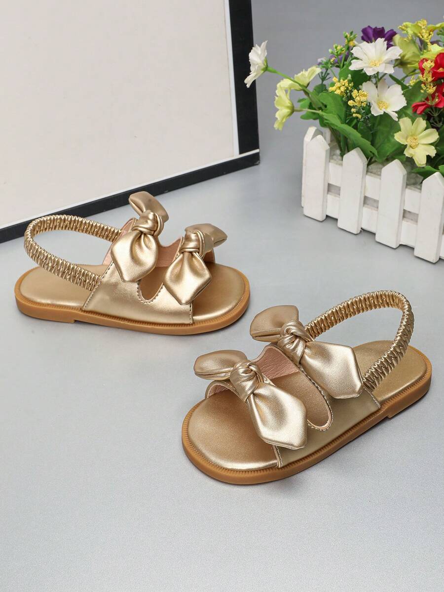 Girls Bow Decoration Design Versatile Fashion Classic Cute Elastic Band Baby Sandals Princess Toddler Shoes Children's Round Toe Soft Sole Shoes Suitable For Spring, Summer, Autumn And Winter - Gold - View 1