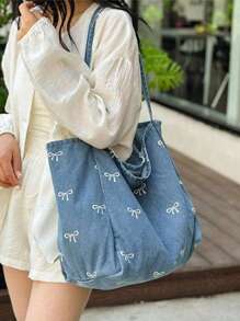 New Korean Casual Fashion Versatile Blue Highly Attractive Bow Washed Canvas Tote Bag For Commuting, Travel, Shopping, Student Back To School, Large Capacity Sweet Lady Handbag, Artistic Style School Bag & Book Bag For Women Or Students, Perfect For Books, Shopping, Back To School And More, Fashionable Bow Purse For Women