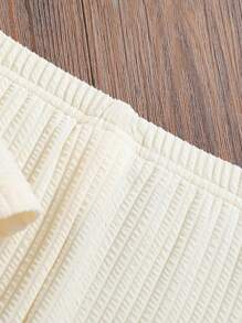 2pcs Baby Girls' Minimalist Solid Color Round Neck 3D Bow Ruffle Hem Short Sleeve T-Shirt And Elastic Waist Solid Color Knit Pants Set, Suitable For Home, Daily Wear And Outings, Spring/Autumn - Beige - View 5