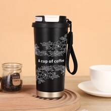 Taza de café altamente decorativa con Camellia , termo de acero inoxidable aislado con gran capacidad, simple y doble pajilla para beber, doble capa de aislamiento y refrigeración, diseño elegante, taza portátil para uso en el automóvil tanto para hombres como para mujeres,adecuada para llevar sobre la marcha - Negro - Ver 1