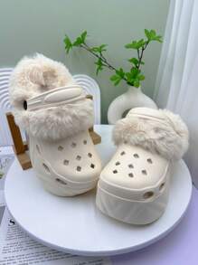 Solid Color Warm Indoor Slippers, Fluffy Warm Lining Thick Non-Slip Sole, Comfortable Plush Shoes For Winter, High Heel Sandals - Khaki - View 8