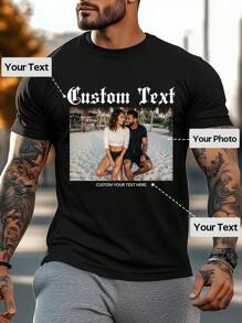 Customizable Text & Photo Personalized Men's T-Shirt, Upload Your Photo/Loved One/Friend/Family/Pet, Black Tee For Spring/Summer, Holiday Gift, Anniversary Gift, Team Building Outfit, Music Festival Outfit, Gift For Him, Men's Round Neck Short Sleeve Casual Tee, Party Outfit, Valentine's Day Gift, Men's Black Short Sleeve, Casual Wear For Him, Short Sleeve For Spring/Summer Ornamental,Dawg Stylish,Fashion,Hipster,Contracted,Easy Costume,Modest Fashion,Minimal Chic,Casual Custom,Unique,Personalized Ideal Gifts For Him Family,Boyfriend,Friends,Children