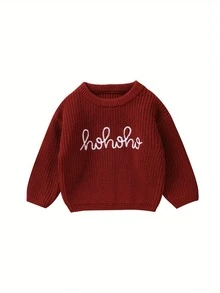 Suéter para bebé, manga larga, cuello redondo, letras, suéter de punto cálido de invierno, ropa infantil para niñas y niños - Rojo - Ver 1