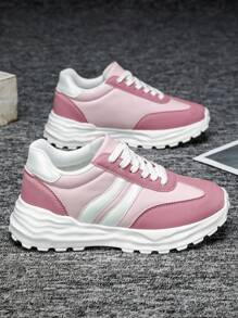青少年女孩休闲系带运动鞋，时尚简约厚底运动鞋，透气舒适厚底运动鞋，粉色，适合所有季节 - 粉色 - 查看 1
