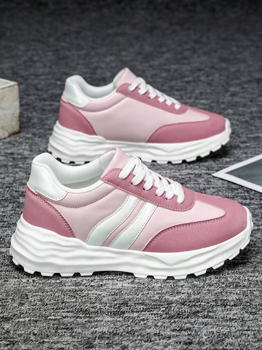 青少年女孩休闲系带运动鞋，时尚简约厚底运动鞋，透气舒适厚底运动鞋，粉色，适合所有季节 - 粉色 - 查看 1