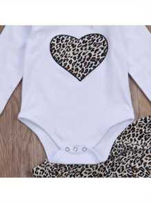 Newborn Baby Girl Clothes Sweet Heart Short Sleeve Jumpsuit And Leopard Long Pants With Headband 3Pcs Infant Outfits - 白色 - 查看 6