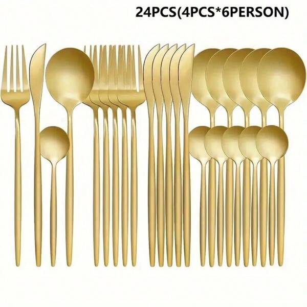 Set di posate portoghesi in acciaio inossidabile da 24 pezzi, include coltello, forchetta, cucchiaio e cucchiaio da dessert, set di stoviglie adatto per casa, cucina, sala da pranzo, festa di compleanno, forniture da cucina