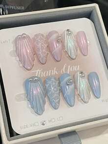 10 件/套手工美人鱼贝壳可拆卸 3D 假指甲，奢华优雅女王风格适合高端派对、圣诞节、节日 - 淺藍色 - 查看 2