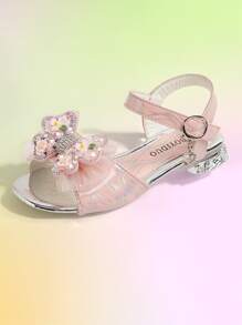 1 Pair Children Bow Rhinestone Decor Glittery High Heel Sandals - Pink - View 1
