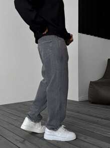 High-End Minimalist Versatile Straight Leg Washed Denim Jeans, Drawstring Elastic Waist, Casual Pants For All Seasons - Light Grey - View 3