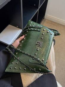 Retro Fashion Simple Rivet Messenger Bag, Ladies Casual Commuter Envelope Shoulder Bag Crossbody Bag - Green - View 3