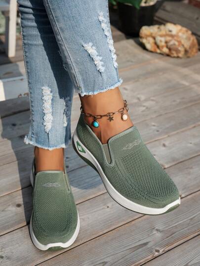 Zapatillas de deporte transpirables de unicolor para mujeres, zapatos para caminar de suela suave y ligera, zapatos casuales de punto de corte bajo