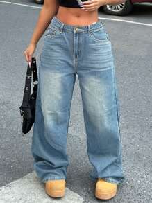 女式宽松直筒复古风男友风牛仔裤